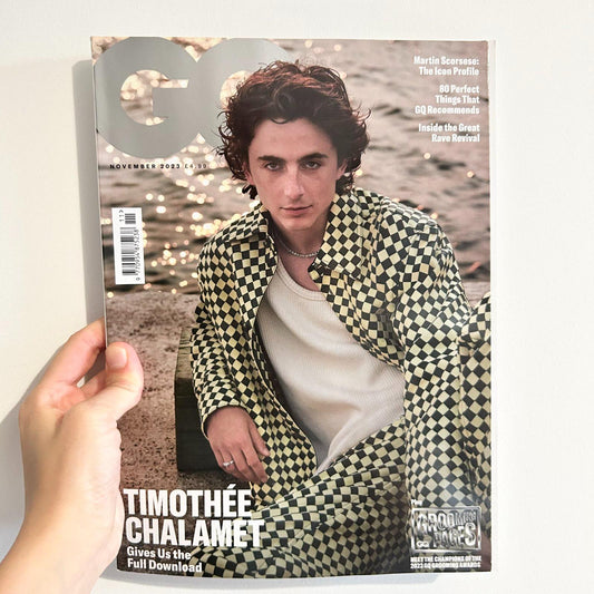 Timothée Chalamet goes electric GQ Nov 2023 Magazine-musicboxgiftideas