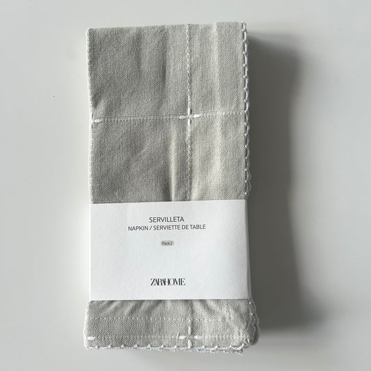 Zara Home 2-piece Napkins Windowpane Check Topstitched Light Green Gray