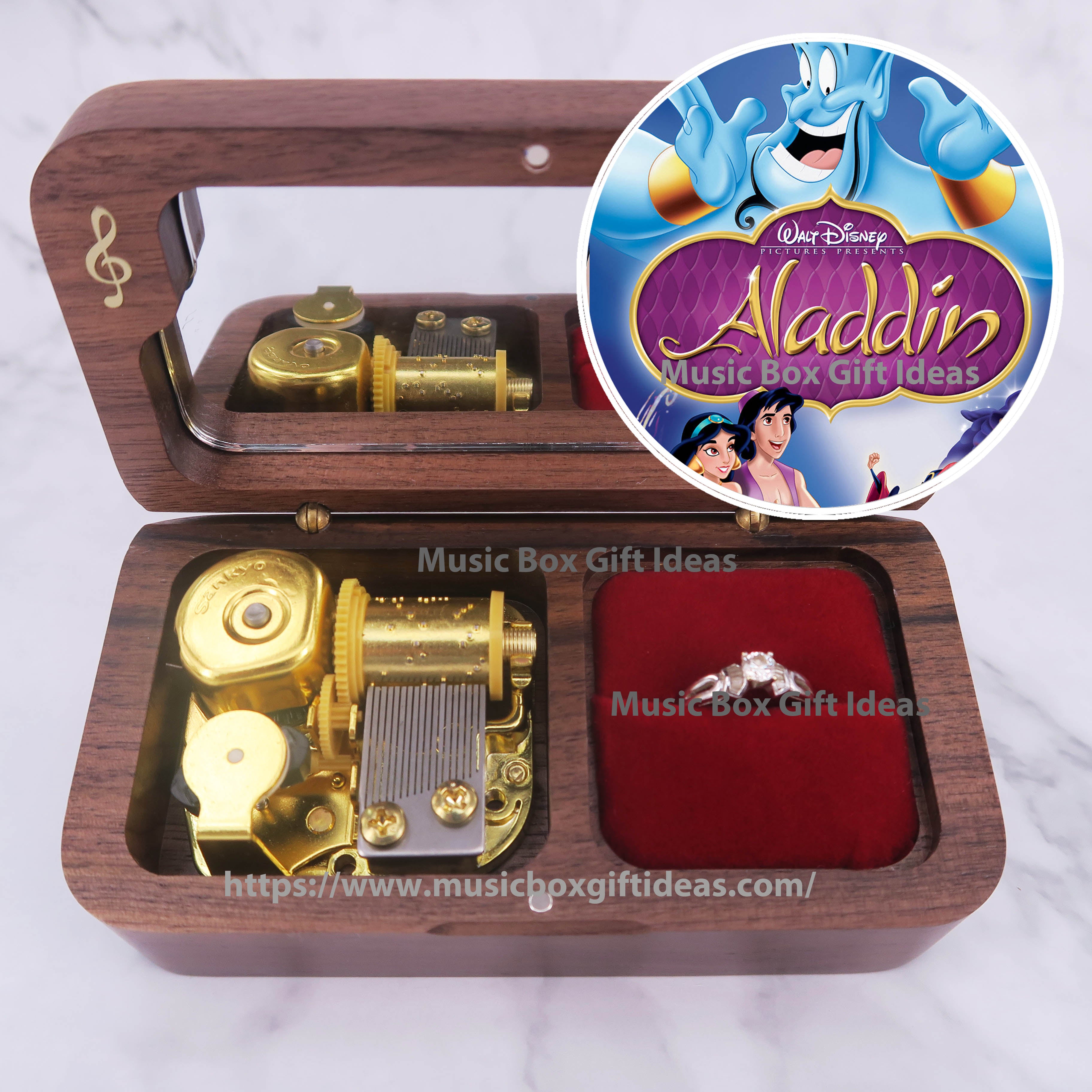 Aladdin Wooden Jewelry Windup Music Box A Whole New World Sankyo
