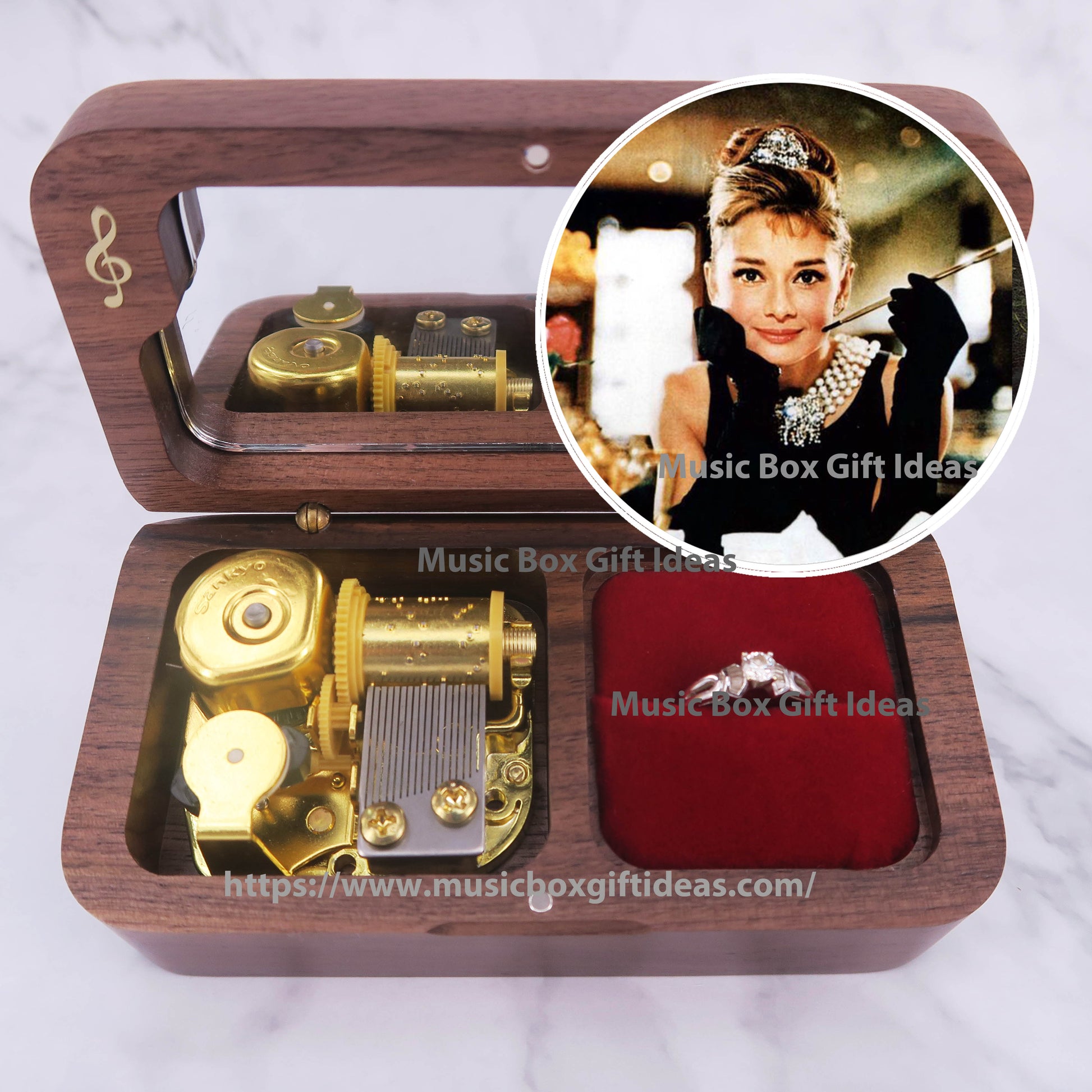 Breakfast at Tiffany's Soundtrack Moon River Audrey Hepburn 18-Note Jewelry Music Box Gift (Wooden Clockwork) - Music Box Gift Ideas