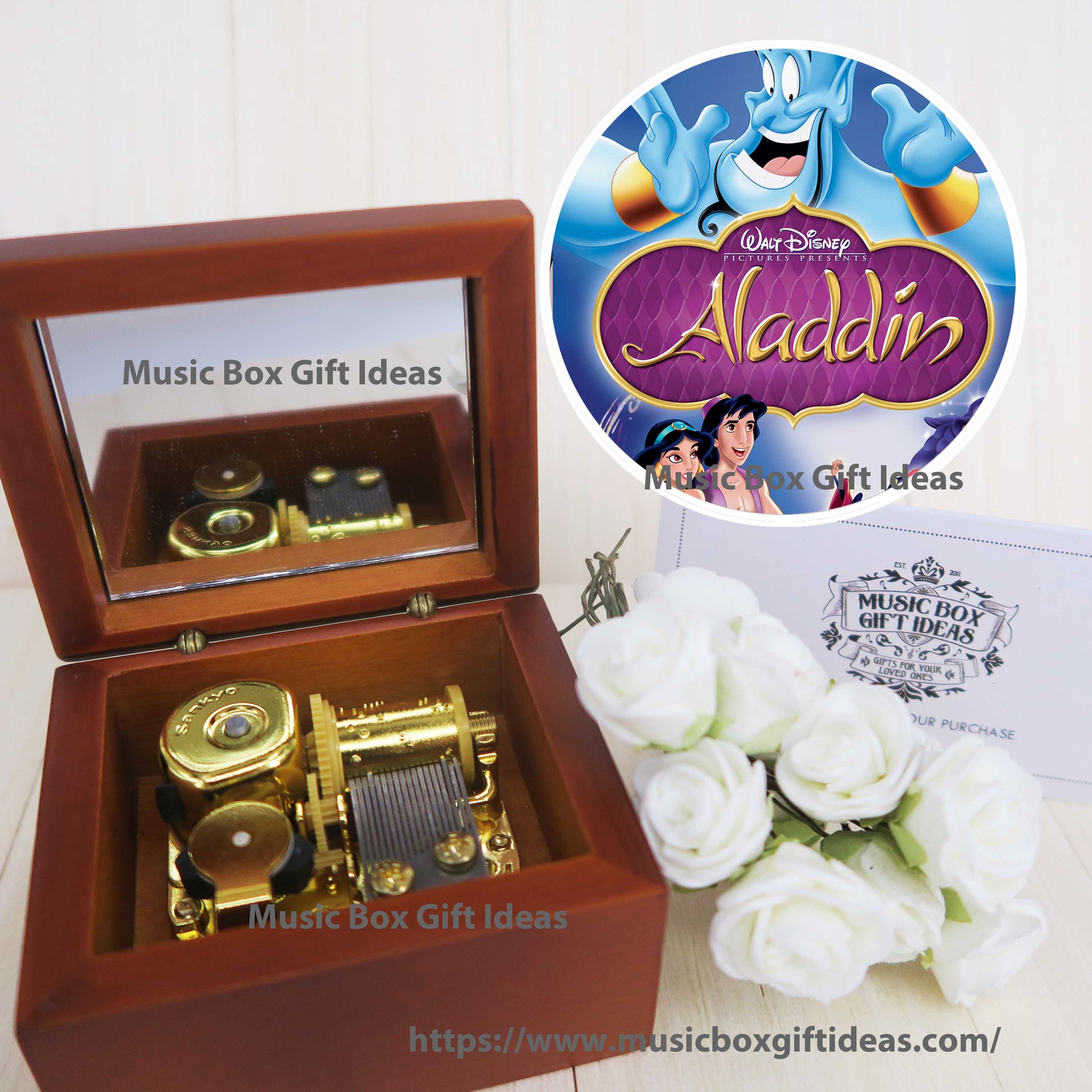 Disney Aladdin Soundtrack A Whole New World 18-Note Music Box Gift (Wooden Clockwork) - Music Box Gift Ideas