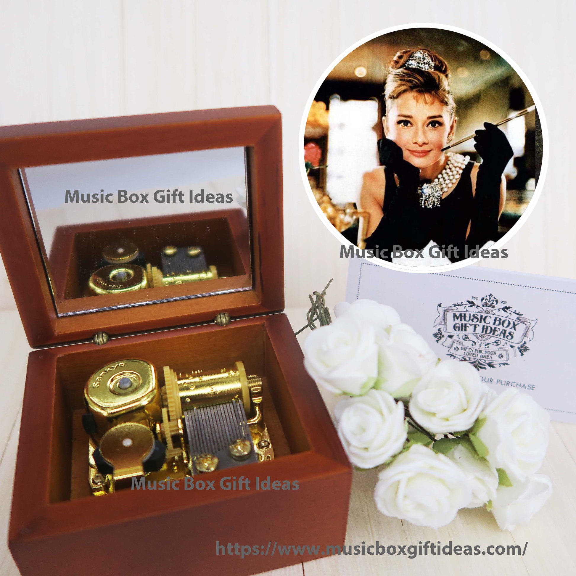 Breakfast at Tiffany's Soundtrack Moon River Audrey Hepburn 18-Note Music Box Gift  (Wooden Clockwork) - Music Box Gift Ideas